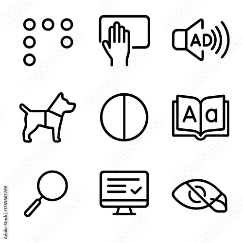 Accessibility linear icon set. featuring braille, touch, audio description, guide dog, magnifier, and more