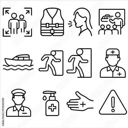 Safety and emergency linear icon set. featuring lifeboat, evacuation, first aid, and hazard warning