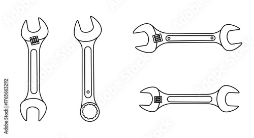 Illustrative rendering of various open end and box end wrenches displayed