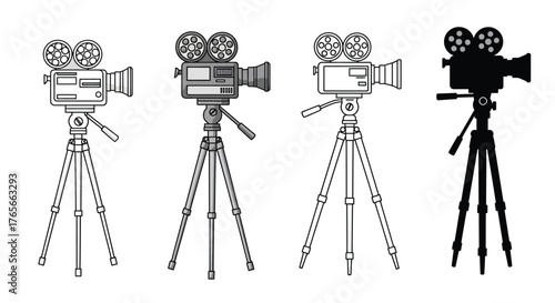 Vintage film cameras on tripods a stylistic black and white illustration