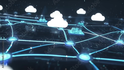 Cyber Cloud Technology Flow Data Cloud Computing Animation with Glowing Server Network — Futuristic Data Cloud Computing Animation Background in 4K Ultra HD