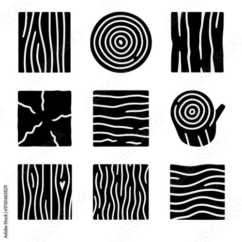 Wood textures silhouette icon set. featuring plank, log, tree, grain, rings, heartwood, bark, and swirl patterns