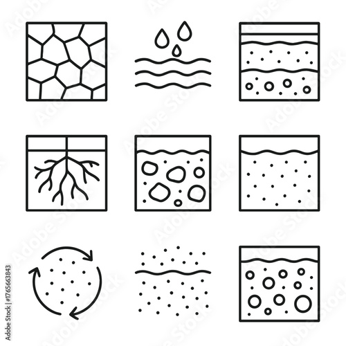 Geology flat icon set. featuring soil structure, sediment layers, root system, water flow, and erosion symbols