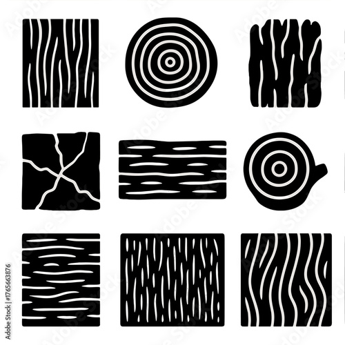 Wood texture silhouette icon set. featuring tree rings, grain, bark, cut, and fractured wood patterns