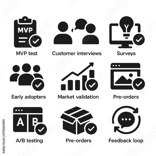 Business development silhouette icon set. featuring mvp test, customer interviews, surveys, early adopters, market validation