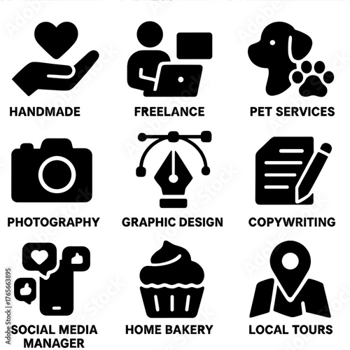 Freelance business silhouette icon set. featuring handmade, freelance, pet services, photography, graphic design, copywriting symbols