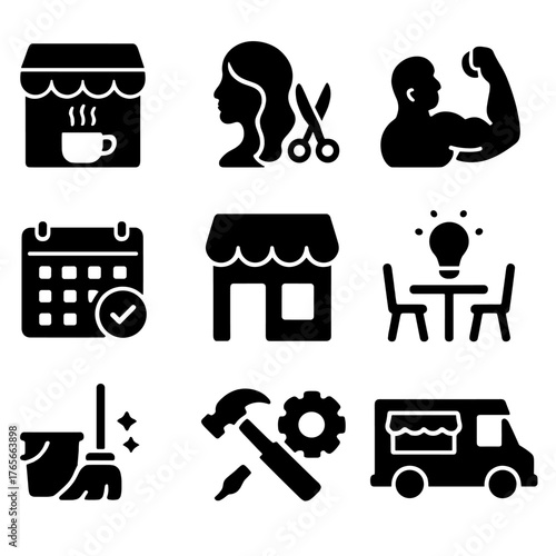 Business elements silhouette icon set. featuring cafe, salon, fitness, calendar, store, idea, cleaning, tools, food truck