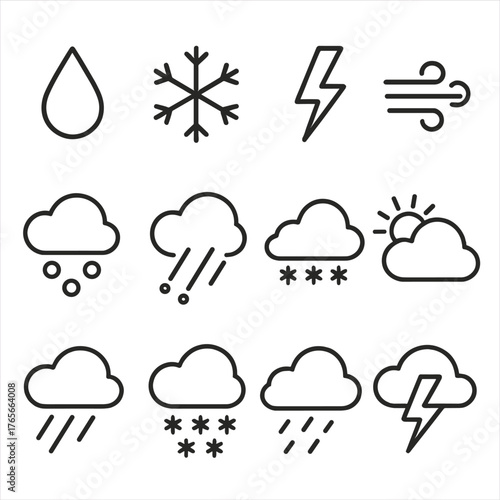 Weather conditions linear icon set. featuring raindrop, snowflake, lightning, wind, cloud, sun, and storm symbols