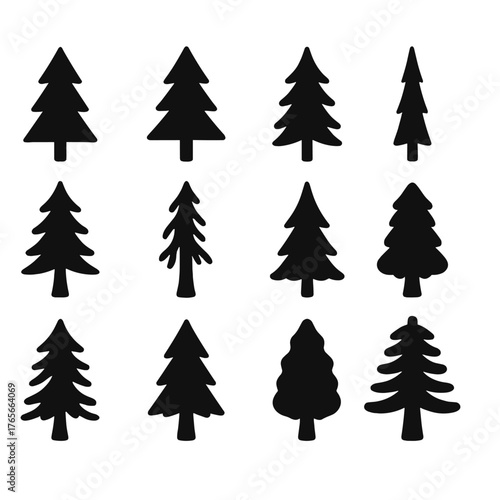 Forest trees silhouette icon set. featuring pine, fir, spruce, cedar, sequoia, cypress, and larch symbols