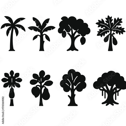 Tropical trees silhouette icon set. featuring palm, banana, mango, papaya, and baobab symbols