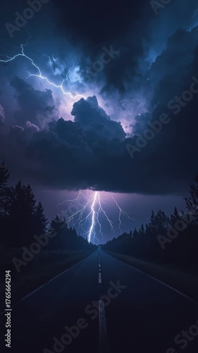 Dramatic lightning strike illuminates dark stormy sky over empty road leading through forest