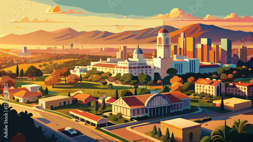 Very beautiful aerial view of Santa Ana in Orange County, California, showcasing the organized cityscape, modern architecture, and surrounding suburban landscapes bathed in warm golden sunlight during