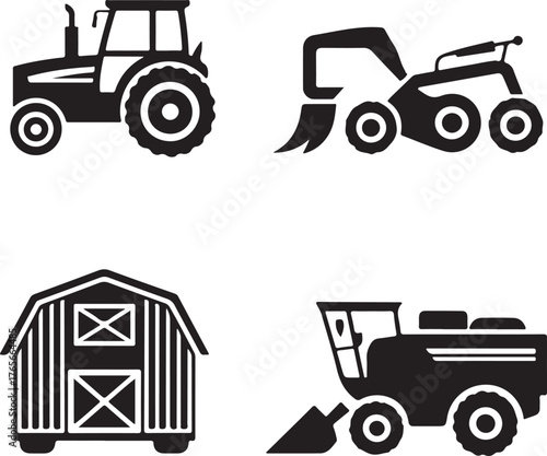 Set of four black farm vehicle icons and a barn tractor combine harvester