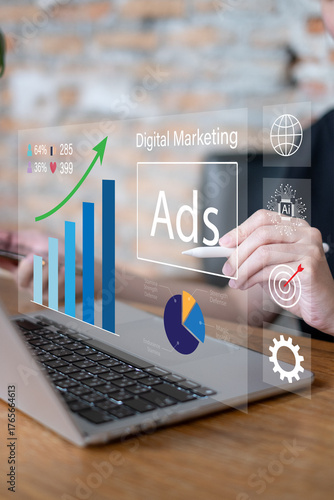 Businessman online advertising digital marketing strategy data analysis dashboard information report corporate e-business business technology concept