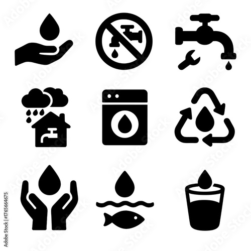 Water conservation silhouette icon set. featuring faucet, recycling, drop, washing machine, fish, and shower symbols