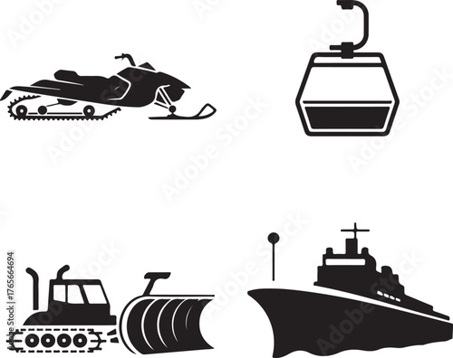 Snowmobile ski lift gondola snow groomer and ship icons