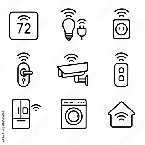 Smart home linear icon set. featuring thermostat, light bulb, plug, socket, lock, camera, remote, fridge, washer, home
