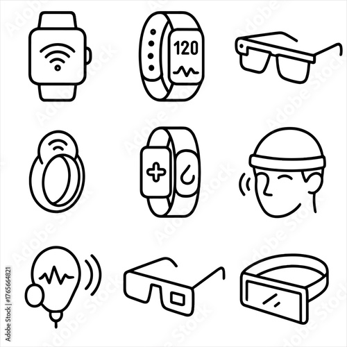 Wearable technology linear icon set. featuring smartwatch, fitness tracker, vr headset, smart glasses, health monitor