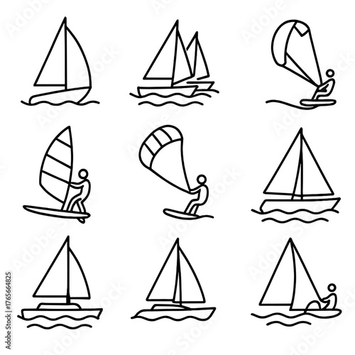 Water sports linear icon set. featuring sailing, windsurfing, kitesurfing, and boating symbols