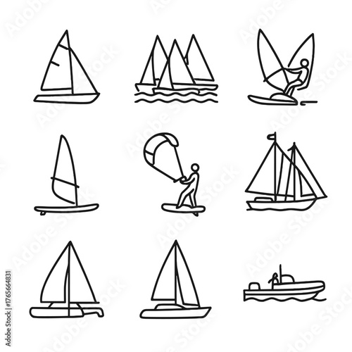 Sailing and watersport silhouette icon set. featuring sailboat, windsurfing, regatta, kiteboarding, and more