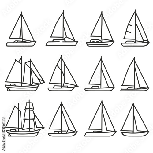 Nautical silhouette icon set. featuring sailboats, yachts, catamarans, sloops, schooners, cutters, ketches