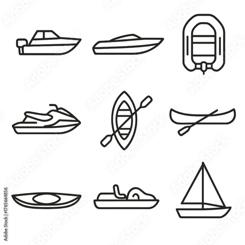 Watercraft linear icon set. featuring motorboat, sailboat, kayak, jet ski, raft, and canoe symbols