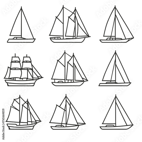 Boat silhouette icon set. featuring sloop, schooner, yacht, ketch, clipper, catboat, brig, trimaran, sailboat