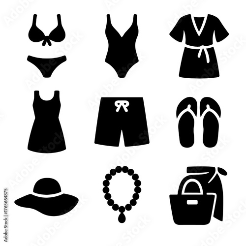 Summer beachwear silhouette icon set. featuring bikini, swimsuit, dress, shorts, hat, sandals, necklace, and bag