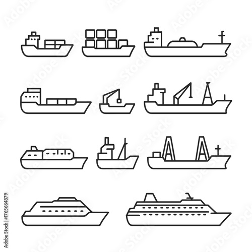 Marine transportation linear icon set. featuring cargo ship, container ship, tanker, fishing boat, and cruise ship symbols
