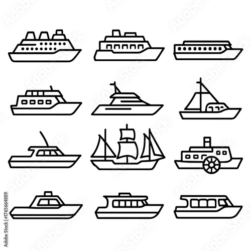 Maritime transport linear icon set. featuring cruise ship, ferry, yacht, sailboat, and steamboat symbols