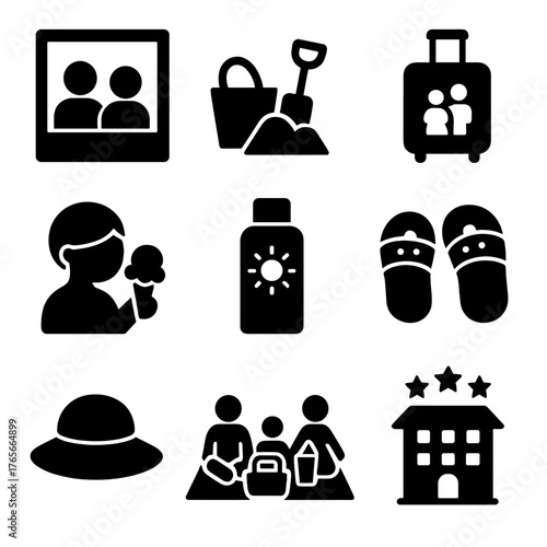 Vacation silhouette icon set. featuring beach, suitcase, sandals, sunblock, ice cream, family, hotel