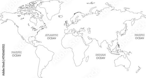 Simple World Map Outline Showing Continents and Oceans