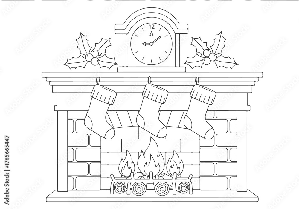 Fototapeta premium Christmas Fireplace Coloring Page Book for Kids Festive Holiday Fun