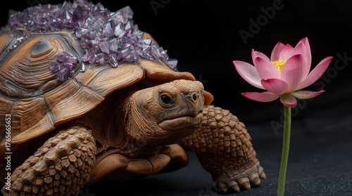Majestic turtle adorned with amethyst crystals, serene lotus flower, promoting wellness and harmony with nature
