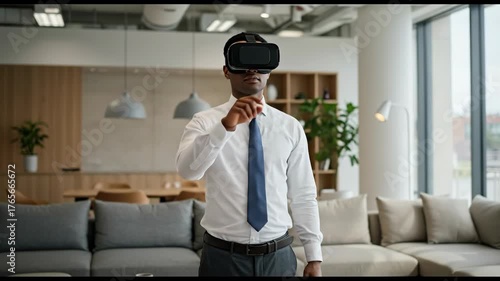 African American Businessman Using a VR Headset in a Modern Office Environment.