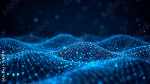 Abstract Blue Digital Waves with Glowing Particles and Network Connections