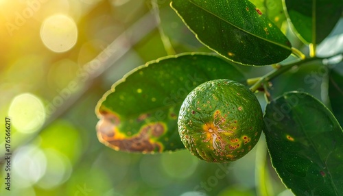 Close-up of a green lime with brown spots, hanging on a branch amongst vibrant green leaves, bathed in sunlight
