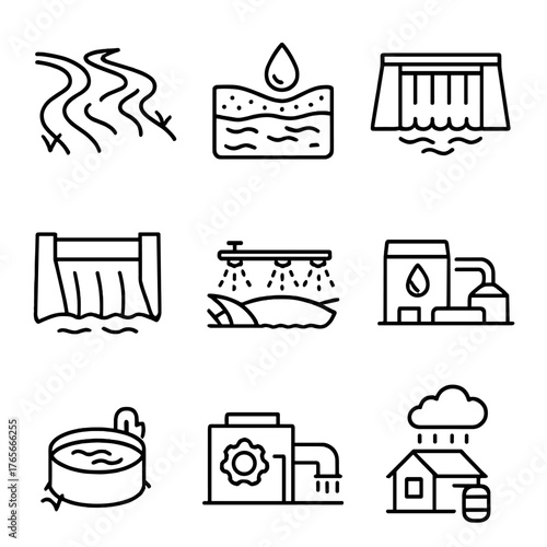 Water management linear icon set. featuring aqueduct, dam, irrigation, treatment plant, reservoir, rainwater, and drainage symbols