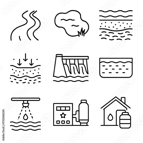 Water treatment linear icon set. featuring river, pond, pollution, filtration, dam, reservoir, irrigation, pump, tank, house
