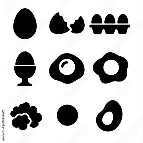 Egg silhouette icon set. featuring whole, cracked, carton, boiled, fried, scrambled, and poached egg icons.