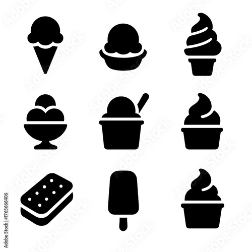 Ice cream silhouette icons set. featuring cone, scoop, sundae, soft serve, sandwich, and popsicle.