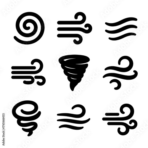 Weather phenomena silhouette icon set. featuring tornado, wind, storm, hurricane, cyclone, vortex, gusts, and swirl symbols