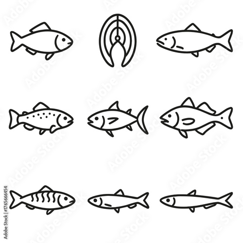 Marine life linear icon set. featuring fish, tuna, salmon, mackerel, sardine, seafood, ocean, and aquatic symbols