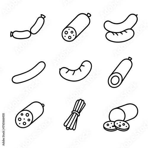 Sausage and salami linear icon set. featuring salami, chorizo, kielbasa, smoked, pepperoni, bratwurst