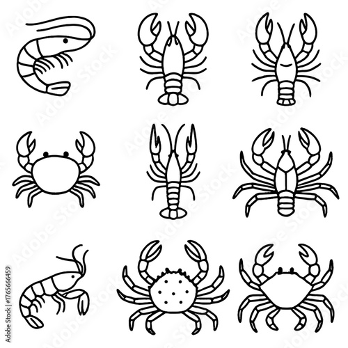 Seafood linear icon set. featuring shrimp, lobster, crab symbols