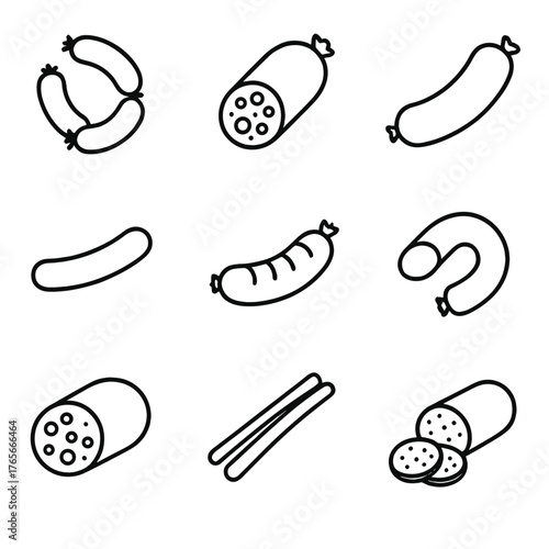 Sausage linear icon set. featuring salami, bratwurst, pepperoni, kielbasa, chorizo, and boudin symbols