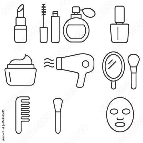 Beauty and cosmetics linear icon set. featuring lipstick, mascara, perfume, nail polish, and mirror symbols