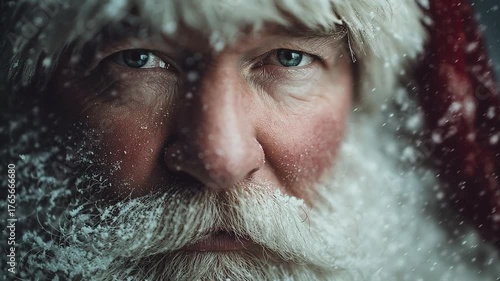 Closeup of Santa Claus with snowy weather and detailed facial features