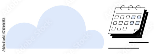 Cloud and calendar combination conveying cloud-based scheduling, organization, collaboration, and remote work. Ideal for planning, data storage, teamwork, productivity, time management digital