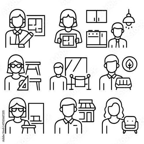 Home and interior design linear icon set. featuring architect, decorator, kitchen, lighting, furniture symbols